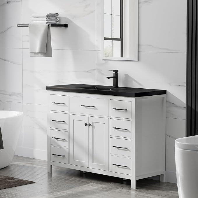 LUCKWIND 48" Modern Bathroom Vanity and Black Sink, Painted Bathroom Storage Cabinet with Single Resin Black Sink, Two Doors and Four Drawers, Include Faucet Without Mirror, White