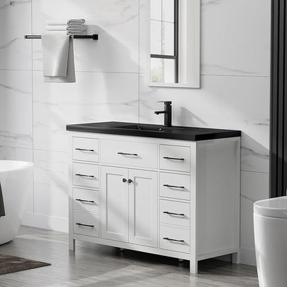 LUCKWIND 48" Modern Bathroom Vanity and Black Sink, Painted Bathroom Storage Cabinet with Single Resin Black Sink, Two Doors and Four Drawers, Include Faucet Without Mirror, White
