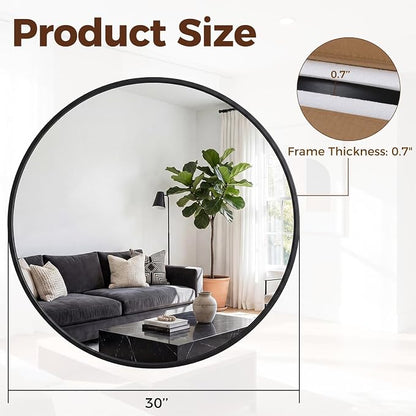 Sweetcrispy 30 Inch Round Wall Mirror, Bathroom Mirrors for Over Sink | Matte Metal Framed, Wall Decor for Bedroom, Entryway, Anti-Rust, Tempered Glass, Hanging or Leaning, Black