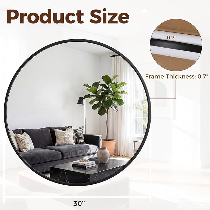 NEWBULIG 30 Inch Round Wall Mirror, Bathroom Mirrors for Over Sink, Matte Metal Framed Circle Vanity Mirror, Wall Decor for Bedroom, Anti-Rust, Tempered Glass, Hanging or Leaning, Classic Black