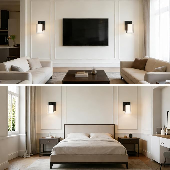 Wall Sconces Set of Two, Modern Matte Black Vanity Wall Lights | Double Clear Glass Shades With E26 Base, Farmhouse Wall Lights For Bathroom, Bedroom, Living Room, Mirror And Hallway.