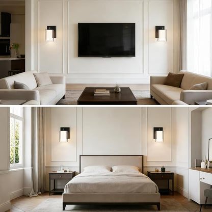 Wall Sconces Set of Two, Modern Matte Black Vanity Wall Lights | Double Clear Glass Shades With E26 Base, Farmhouse Wall Lights For Bathroom, Bedroom, Living Room, Mirror And Hallway.