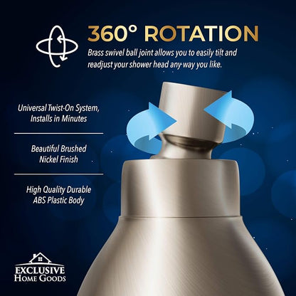 High Pressure Shower Head - Brushed Nickel - Powerful Deluxe Bathroom Showerhead with Strong Spray Stream and Small Silicone Nozzles - Universal Fit Works with High and Low Water Flow Showers-2.5 GPM