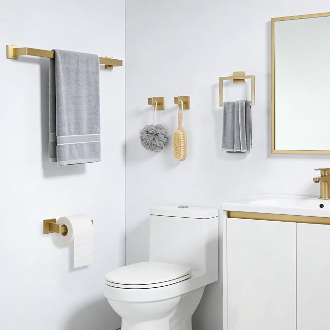 5-Pieces Brushed Gold Bathroom Hardware Set, SUS 304 Stainless Steel 24.48 Inch Square Towel Bar Set with Towel Ring Robe Towel Hooks and Paper Towel Holder for Bathroom Wall Mounted