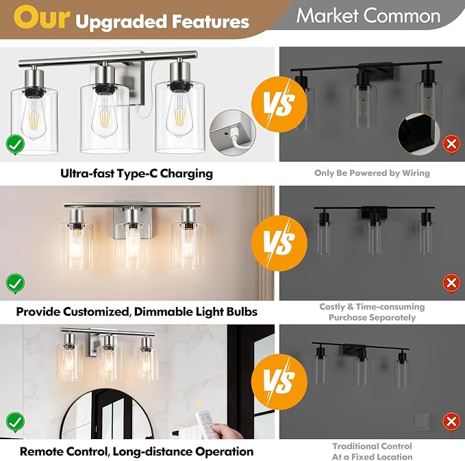 Battery Operated Wall Sconce, 3-Light Dimmable Rechargeable Vanity Light Fixture with Remote & Bulbs, 3-Light Silver Wireless Indoor Non-Hardwired Wall Lamp for Bedroom, Living Room, Cabinet, Porch