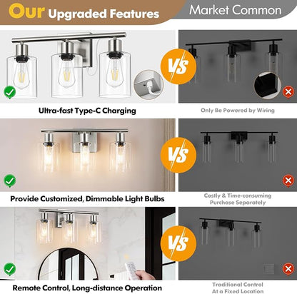 Battery Operated Wall Sconce, 3-Light Dimmable Rechargeable Vanity Light Fixture with Remote & Bulbs, 3-Light Silver Wireless Indoor Non-Hardwired Wall Lamp for Bedroom, Living Room, Cabinet, Porch