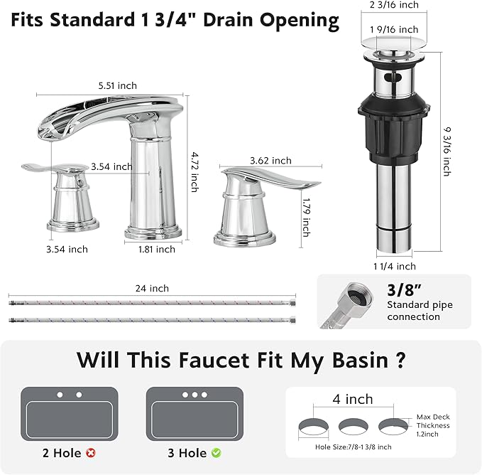 BWE Waterfall Bathroom Faucet, Chrome 8 Inch Widespread Bathroom Sink Faucet Two-Handle Waterfall, Metal Pop-up Drain Include, for Vanity, Lavatory Sink