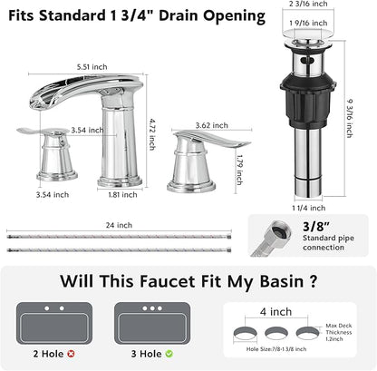 BWE Waterfall Bathroom Faucet, Chrome 8 Inch Widespread Bathroom Sink Faucet Two-Handle Waterfall, Metal Pop-up Drain Include, for Vanity, Lavatory Sink