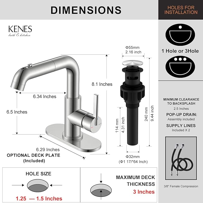 KENES Single Hole Bathroom Faucet with Pull Out Sprayer, Brushed Nickel Single Handle Pull Down Bathroom Faucets, Vanity Faucet with Pop Up Drain & Deck Plate, LJ-9055A