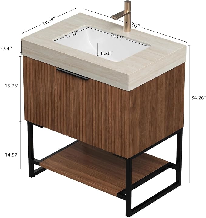 30" Freestanding Bathroom Vanity with Sink, Bathroom Vanity with Sintered Stone Top & Undermount Ceramic Basin, Pre-Assembled Striped Bathroom Storage Cabinet with Drawer & Open Shelf, Walnut