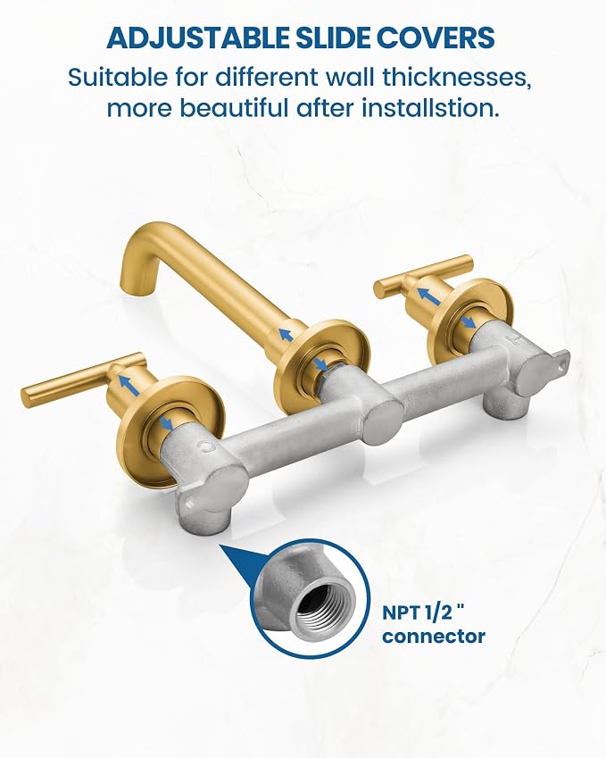 Airuida Wall Mounted Bathroom Sink Faucet,Brushed Gold Vanity Sink Faucet | Lever Handle,3 Holes,360° Widespread Swivel Spout,Rotatable Bathroom Faucet