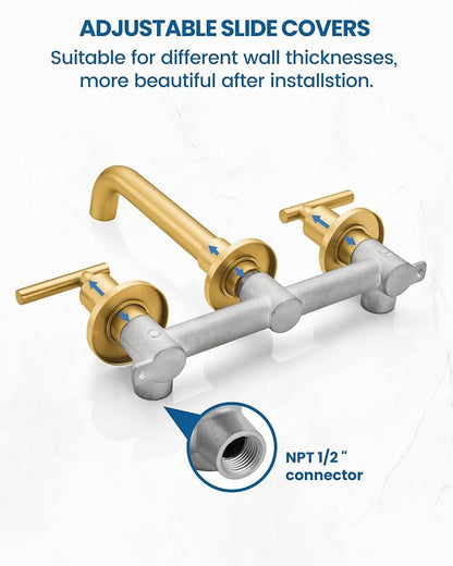 Airuida Wall Mounted Bathroom Sink Faucet,Brushed Gold Vanity Sink Faucet | Lever Handle,3 Holes,360° Widespread Swivel Spout,Rotatable Bathroom Faucet
