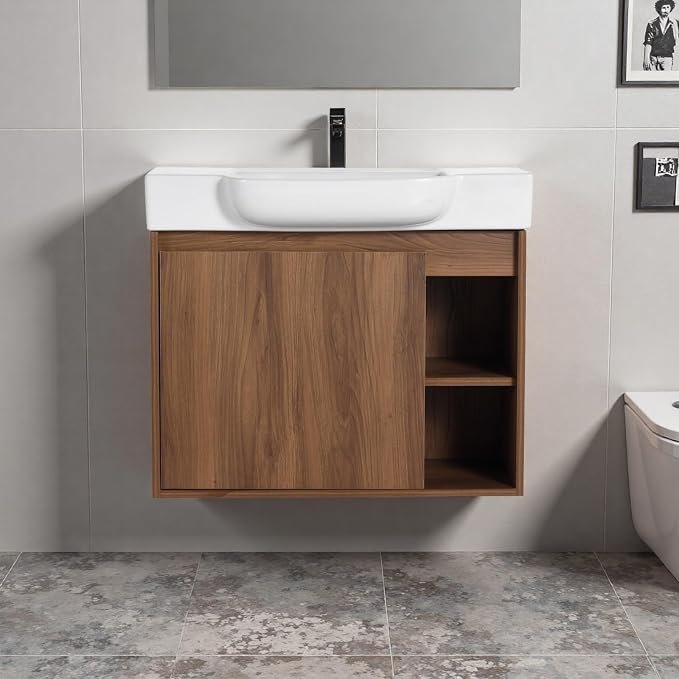 28" Bathroom Vanity with Ceramic Sink, Farmhouse Cabinet, Brown | Small Wall - Mounted Vanity, Soft Close Door, Bottom Storage Space, Two Open Storage Shelves, 45° Inclined Edge Handle
