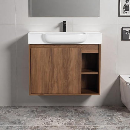 28" Bathroom Vanity with Ceramic Sink, Farmhouse Cabinet, Brown | Small Wall - Mounted Vanity, Soft Close Door, Bottom Storage Space, Two Open Storage Shelves, 45° Inclined Edge Handle