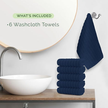 Elegant Comfort 100% Turkish Cotton Corduroy Ribbed Luxury Washcloths 6 Pack Soft 13 x 13 Inch - Higly Absorbent, Durable, Quick Dry, Spa Premium Hotel Quality for Bathroom or Travel, Navy