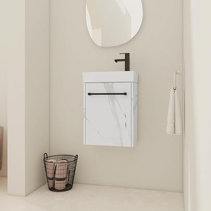 KEIKI 16'' Bathroom Vanity Cabinet with Sink, Wall Mounted Floating Bathroom Vanity with Soft-Close Cabinet Door, for Small Bathroom, Carrara White