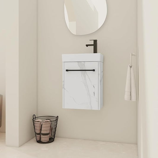 KEIKI 16'' Bathroom Vanity Cabinet with Sink, Wall Mounted Floating Bathroom Vanity with Soft-Close Cabinet Door, for Small Bathroom, Carrara White