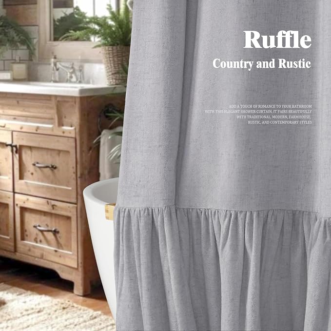 Farmhouse Shower Curtain Ruffle Linen Flax Grey 72" W x 72" L | Linen Fabric, Farmhouse Boho, Bottom Ruffle, Rustic, Country, Natural Look, Washable, Shower Curtain for Bathroom Bathtub