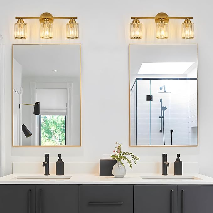 Modern 20.9" Crystal Vanity Light, 3 Light Bathroom Vanity Light, Gold Vanity Light with Clear Crystal Shades, E26 Base Wall Sconces Over Mirror for Bathroom, Bedroom, Hallway