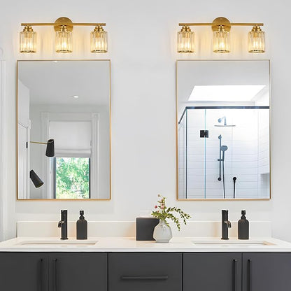 Modern 20.9" Crystal Vanity Light, 3 Light Bathroom Vanity Light, Gold Vanity Light with Clear Crystal Shades, E26 Base Wall Sconces Over Mirror for Bathroom, Bedroom, Hallway