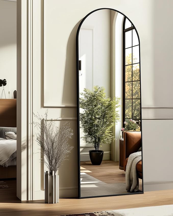 Arched Full Length Mirror, 56"x15" Standing Body Mirror for Wall, Black | Built-in Stand, HD Shatterproof Glass, Aluminum Alloy Frame, Hanging or Standing, for Bedroom, Living Room & Dressing Room
