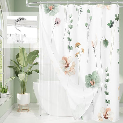 Extra Wide 3 in 1 Shower Curtain Set, 108x72 | Extra Wide 3 in 1 Shower Curtain Set, PEVA Liner Set & 12 Double Sided Steel Hooks, Waterproof Fabric Bathroom Curtain