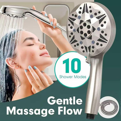 Filtered Brushed Nickel High Pressure Handheld Shower Head – 10 Spray Modes with Rain & Massage, Built-in Filter for Cleaner Water, Anti-Clog Nozzles, Power Rinse for Tile & Pets