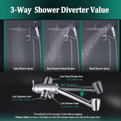 All Metal For California Rain Shower Head with Handheld Spray Combo, YDmeet 8 Inch Rainfall Shower Head, Stainless Steel Handheld, 3 Way Diverter, Adjustable Extended Arm, 71" Long Hose, Chrome