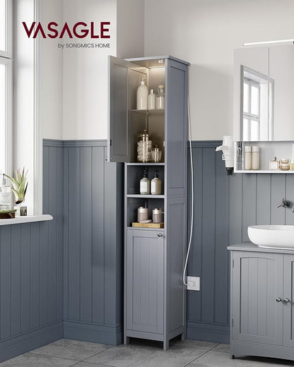 VASAGLE Tall Storage Cabinet with Lights, Slim Freestanding Cabinet with Adjustable Shelves, for Small Spaces, Bathroom, Living Room, Modern, 11.8 Inches Wide, Dove Gray UBBC566G02