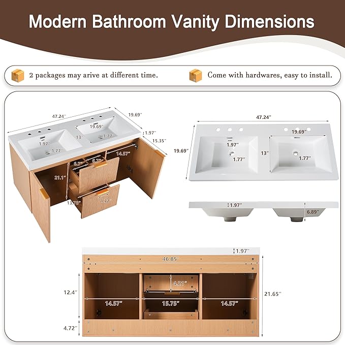 48 Inch Floating Bathroom Vanity with Thick SMC Countertop Double Sinks, Wall Mounted Bathroom Vanities Wood Grain Vanity for Bathrooms with 2 Soft-Close Doors 2 Fluted Drawers, Easy Assembly (Wood)