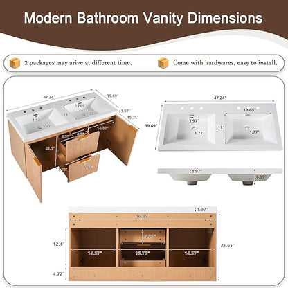 48 Inch Floating Bathroom Vanity with Thick SMC Countertop Double Sinks, Wall Mounted Bathroom Vanities Wood Grain Vanity for Bathrooms with 2 Soft-Close Doors 2 Fluted Drawers, Easy Assembly (Wood)