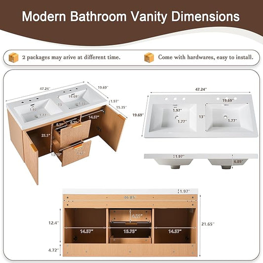 48 Inch Floating Bathroom Vanity with Thick SMC Countertop Double Sinks, Wall Mounted Bathroom Vanities Wood Grain Vanity for Bathrooms with 2 Soft-Close Doors 2 Fluted Drawers, Easy Assembly (Wood)
