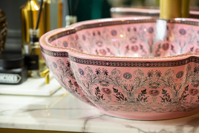 Bathroom Vessel Sinks Europe Style Pink Lucky Flower Ceramic Above Counter Sink for Vanity Top
