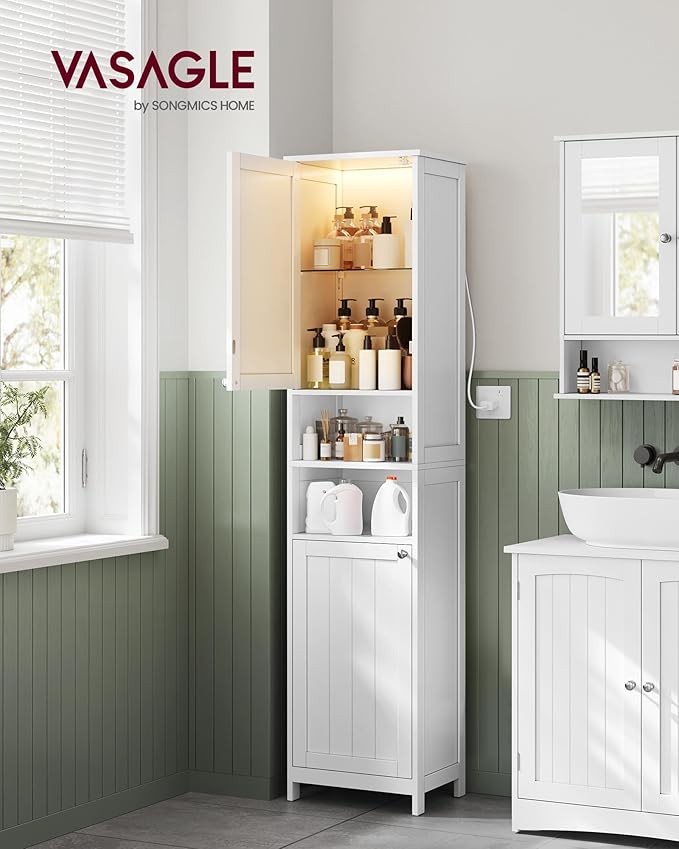 VASAGLE Tall Bathroom Cabinet with Lights, Slim Freestanding Bathroom Storage Cabinet with Adjustable Shelves, for Small Spaces, Modern, 15.7 Inches Wide, Cloud White UBBC766W02