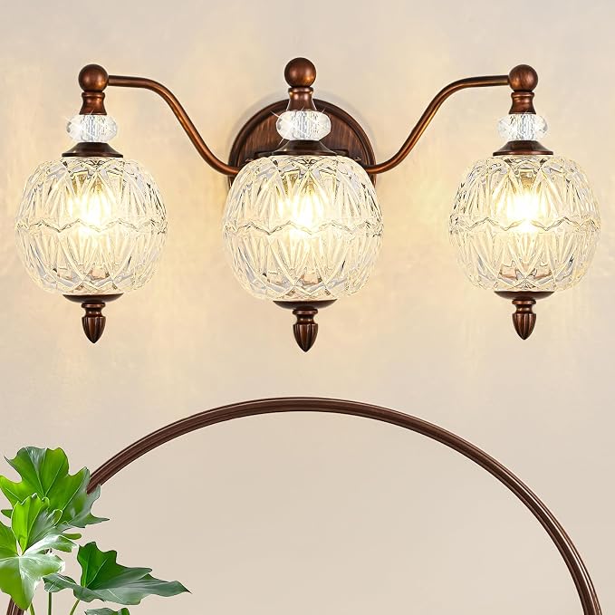Vintage Bathroom Vanity Light, 3-Light Mid Century Antique Red Bronze Finish Wall Sconce with Globe Glass Shades, Retro Mirror Light for Bathroom, Powder Room