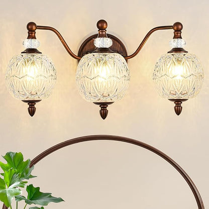 Vintage Bathroom Vanity Light, 3-Light Mid Century Antique Red Bronze Finish Wall Sconce with Globe Glass Shades, Retro Mirror Light for Bathroom, Powder Room