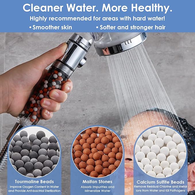 Vacto High Pressure Handheld Shower Head with Filter, Shower Head Kits with Hose and Bracket, Hard Water Softener Water Purifying Filtered Showerheads with Filter Beads