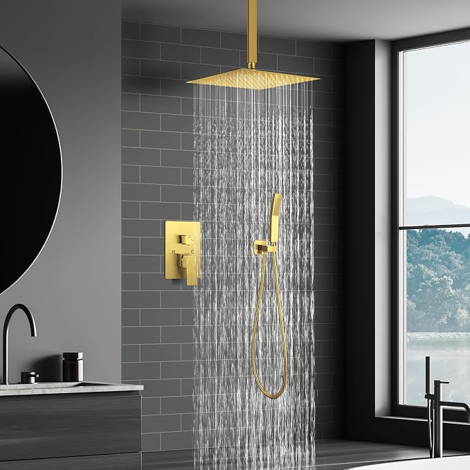 JOMEOO® 12 Inch Brushed Gold Shower System, Ceiling Mounted High Pressure Rain Shower Head with Handheld Sprayer, Bathroom Luxury Gold Shower Head Shower Faucet Set Rough in Valve Body and Trim