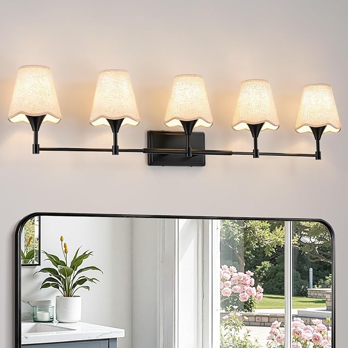 Modern Bathroom Vanity Light Fixtures: Matte Black Vanity Lights Over Mirror with Flared Fabric Shade, Farmhouse Bathroom Lighting Fixtures, 5 Light Wall Sconces Lights for Bedroom Hallway Living Room