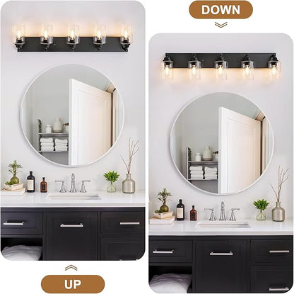 Black Bathroom Light Fixture, 5 Light Matte Black Vanity Light, 35.4" Modern Bathroom Lighting Fixtures Over Mirror, with Clear Glass Shade, Vanity Lights for Bathroom Bedroom Hallway