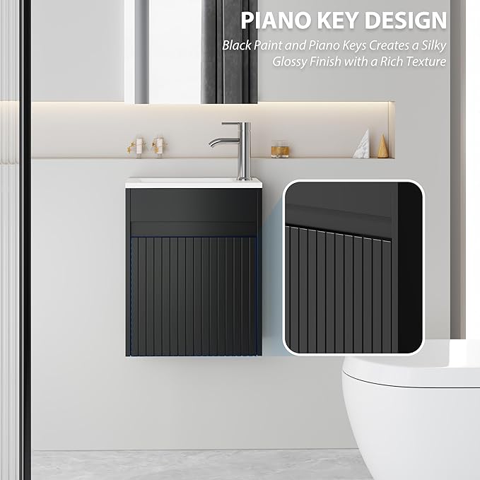 eclife 16" Small Bathroom Vanity Sink Combo, Modern Painted Wall Mounted Floating Cabinet W/Decoration Lines, Resin Basin Sink Top, Chrome Water Save Faucet & Pop Up Drain (Piano Black)