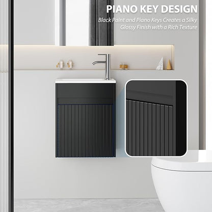 eclife 16" Small Bathroom Vanity Sink Combo, Modern Painted Wall Mounted Floating Cabinet W/Decoration Lines, Resin Basin Sink Top, Chrome Water Save Faucet & Pop Up Drain (Piano Black)