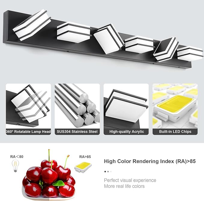 GOODATE 3 Color Temperature Dimmable Vanity Lights for Bathroom, Black 6 Light Vanity Light Fixtures, Acrylic Stainless Steel Square Shade Light Fixtures for Bathroom Above Mirror, ETL Certificated