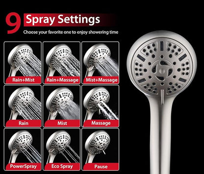 GRICH Shower Head with Handheld Spray - Dual High Pressure Showerhead | Rainfall Shower Heads Combo, Detachable Hand Shower, 9 Spray Settings, 60" Stainless Steel Shower Hose, 1.8GPM, Nickel