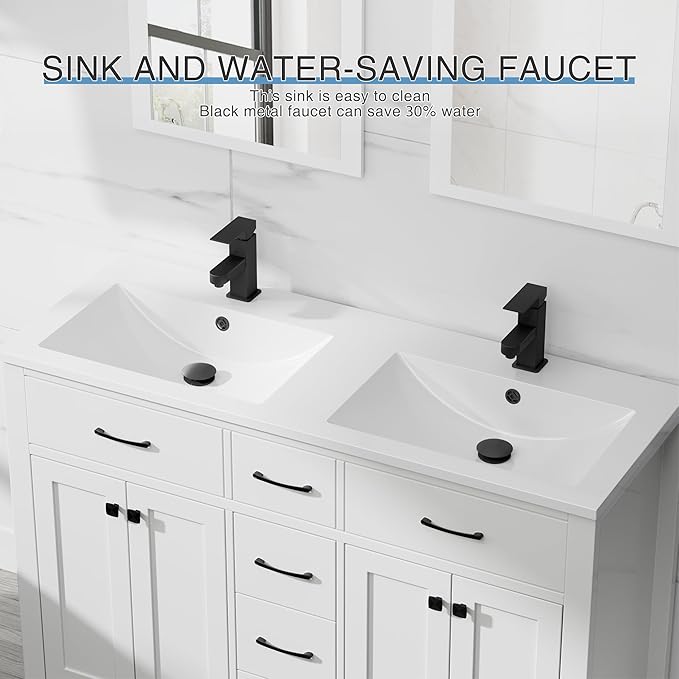 LUCKWIND 48" Modern Bathroom Vanity and Sink, Painted Bathroom Storage Cabinet with Double Sink, Four Doors and Three Drawers, Include Faucet Without Mirror, White