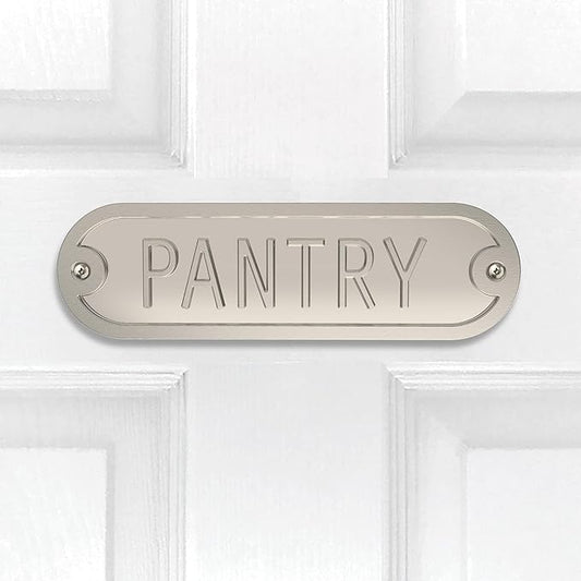 Franklin Brass Derby Pantry Door Sign Metal Interior Door Plaque in Satin Nickel HHIDPP-SN-U