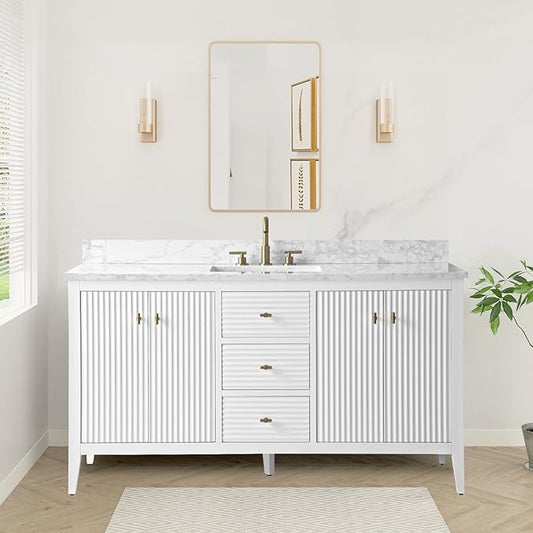 HOMEBEYOND 60" Bathroom Vanity with Single Sink, Solid Wood Bathroom Vanity Free-Standing Cabinet, Ceramic Top & Soft Closing Door, Golden Brushed Handware, White