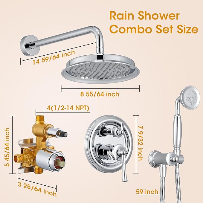 Chrome Rain Shower Heads with Handheld Spray Combo, Rain Shower System with Balance Pressure Valve, 9 inch Bathroom Luxury Rain Fall Shower Head with Antique Handshower Wall Mount, (B2312-CP)