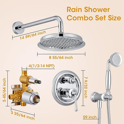 Chrome Rain Shower Heads with Handheld Spray Combo, Rain Shower System with Balance Pressure Valve, 9 inch Bathroom Luxury Rain Fall Shower Head with Antique Handshower Wall Mount, (B2312-CP)