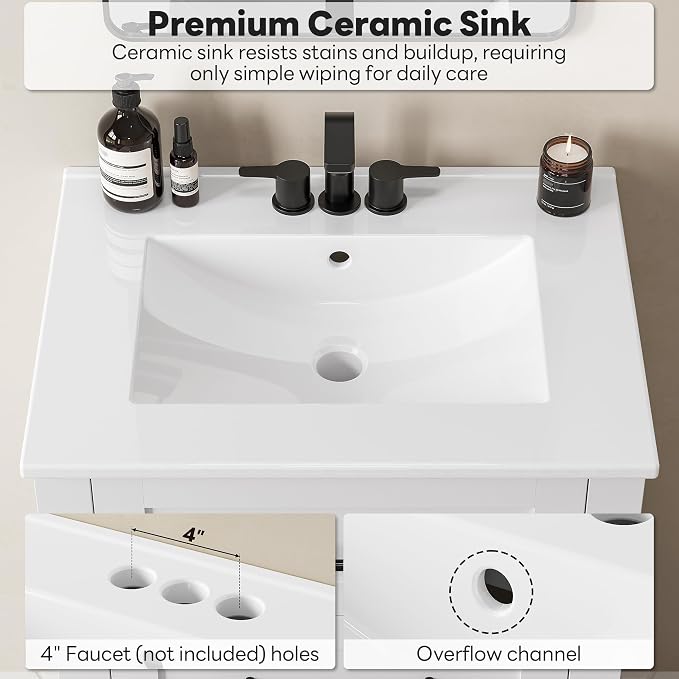 LIKIMIO 24" Bathroom Vanity with Sink, 2 Drawers & Open Shelf, White | Freestanding Bathroom Vanity, Integrated Ceramic Sink, U-Shaped Drawers, Modern Bathroom Storage Cabinet, Easy Assembly